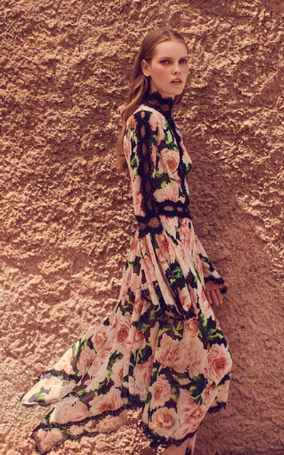 Shop Costarellos Lace-trimmed Floral Georgette Midi Dress In Multi