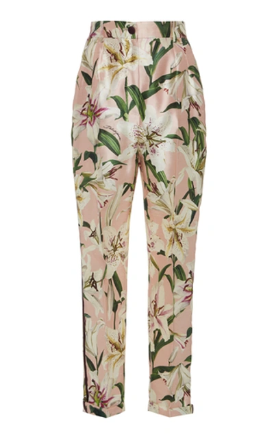 Shop Dolce & Gabbana Cropped Floral-print Silk-blend Satin Pants
