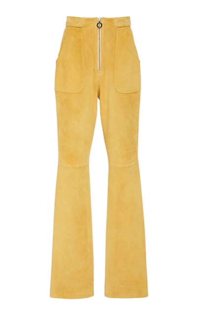 Shop Sally Lapointe Zip Front Flared Suede Pants In Yellow