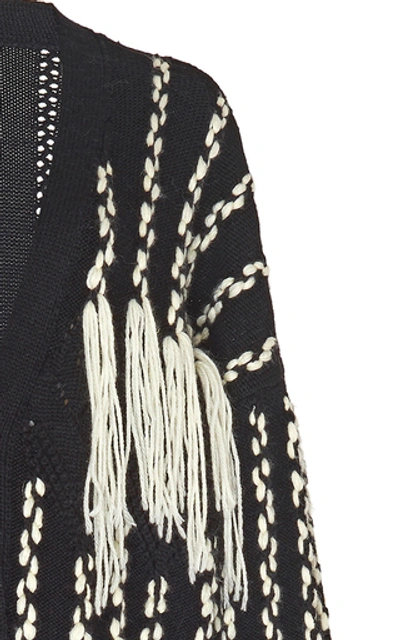 Shop Loewe Woven Fringe Open-knit Wool Cardigan In Black
