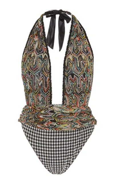 Shop Missoni Seersucker-paneled Crochet-knit Halterneck Swimsuit In Print