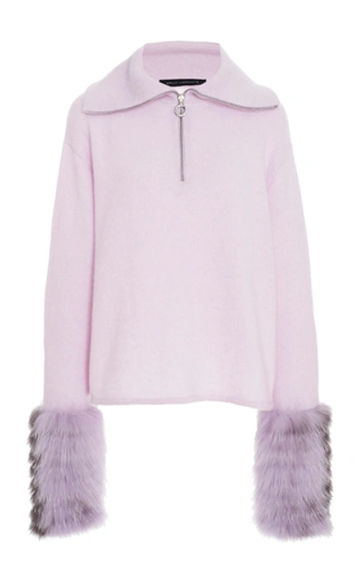 Shop Sally Lapointe Fur-trimmed Silk-cashmere Sweater In Purple