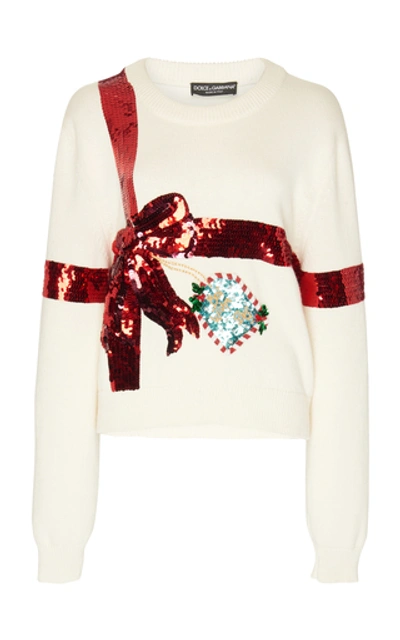 Shop Dolce & Gabbana Bow Sequin-embellished Knit Sweater In White