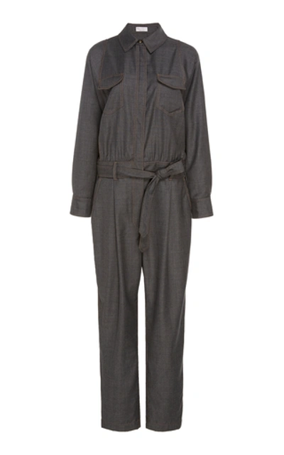 Shop Brunello Cucinelli Belted Wool Jumpsuit In Grey