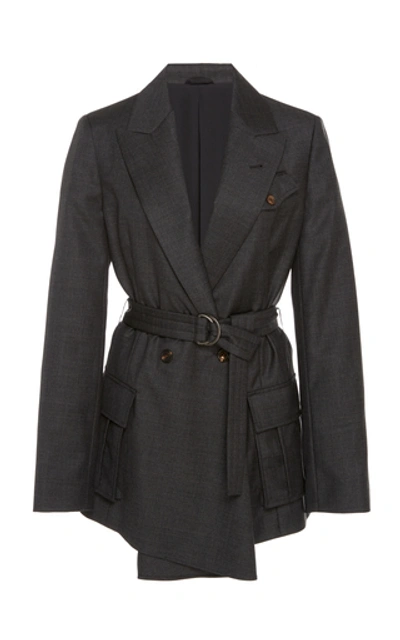Shop Brunello Cucinelli Belted Double-breasted Blazer In Grey