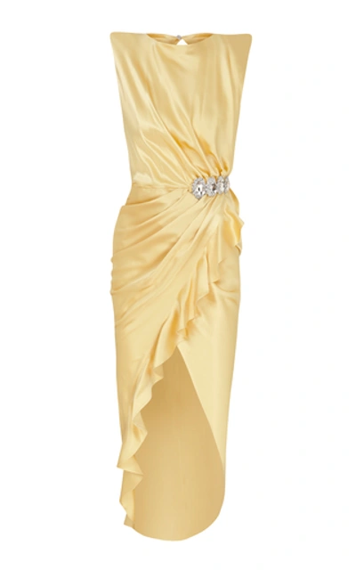 Shop Raisa Vanessa Crystal-embellished Silk Sateen Midi Dress In Yellow