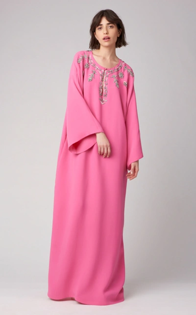Shop Carolina Herrera Embellished Drop Shoulder Silk Caftan Dress In Pink