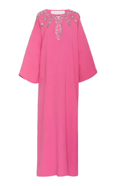 Shop Carolina Herrera Embellished Drop Shoulder Silk Caftan Dress In Pink