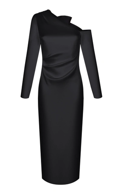 Shop Rasario Bow-accented Draped Satin Midi Dress In Black