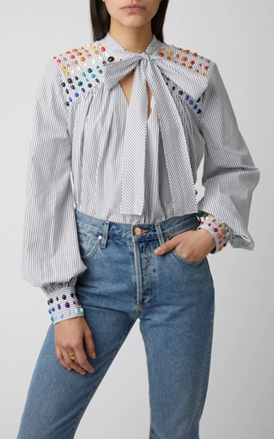 Shop Rosie Assoulin Bead-embellished Striped Cotton-poplin Shirt