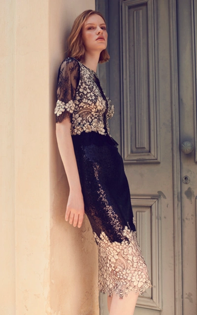 Shop Costarellos Sequin-embellished Chantilly Lace Sheath Dress In Black