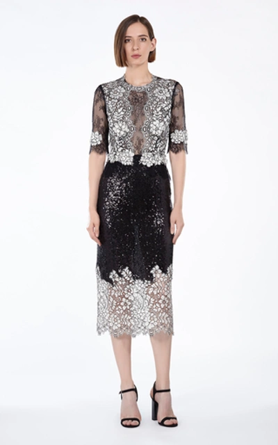 Shop Costarellos Sequin-embellished Chantilly Lace Sheath Dress In Black