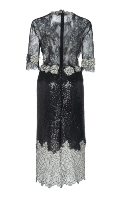 Shop Costarellos Sequin-embellished Chantilly Lace Sheath Dress In Black