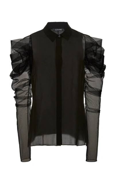 Shop Cushnie Ruched Silk-tulle And Chiffon Top In Black