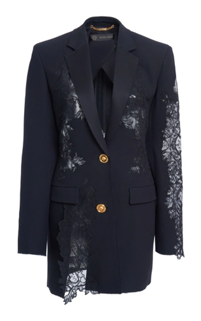 Shop Versace Asymmetric Lace-paneled Blazer In Black