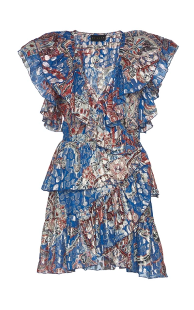 Shop Dundas Ruffled Metallic Fil Coupé Silk-blend Mini Dress In Blue