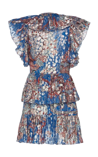 Shop Dundas Ruffled Metallic Fil Coupé Silk-blend Mini Dress In Blue