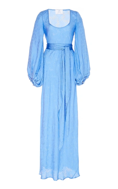 Shop Rebecca De Ravenel Bias Belted Silk-jacquard Maxi Dress In Blue