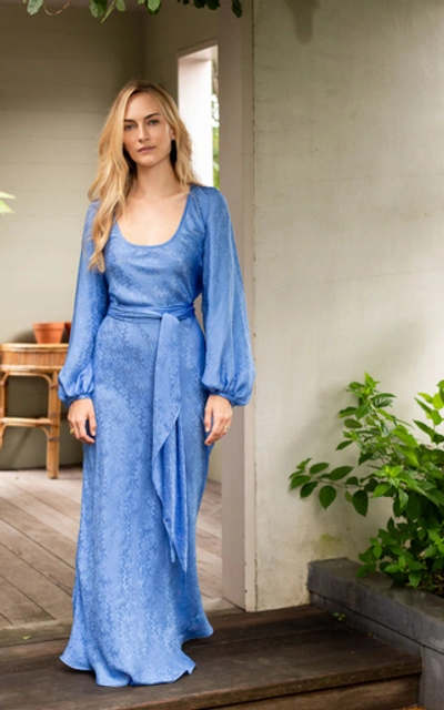 Shop Rebecca De Ravenel Bias Belted Silk-jacquard Maxi Dress In Blue