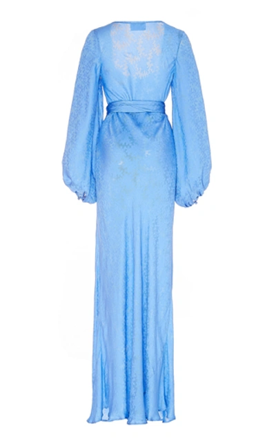 Shop Rebecca De Ravenel Bias Belted Silk-jacquard Maxi Dress In Blue