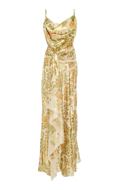 Shop Oscar De La Renta Draped Printed Silk-blend Lamé Dress In Yellow