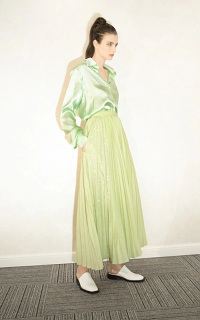 Shop Anouki Crystal-embellished Satin-effect Silk Shirt In Green