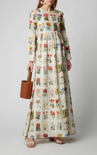 Shop Agua By Agua Bendita Papaya Floral-print Bead-embellished Linen Dress In Multi