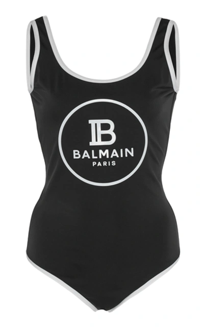 Shop Balmain Printed Stretch-jersey Swimsuit In Black