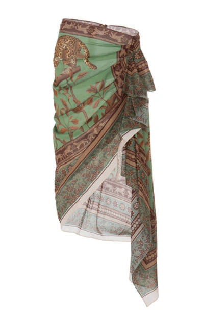 Shop Johanna Ortiz Sheer Magnitude Printed Cotton Wrap Skirt In Green