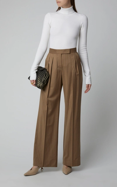 Shop Max Mara Daphne Pinstriped Wool Wide-leg Pants In Brown