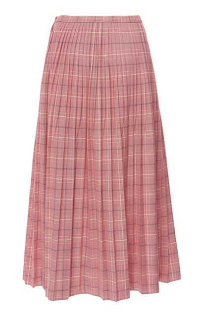 Shop Marni Pleated Plaid Twill Skirt In Pink