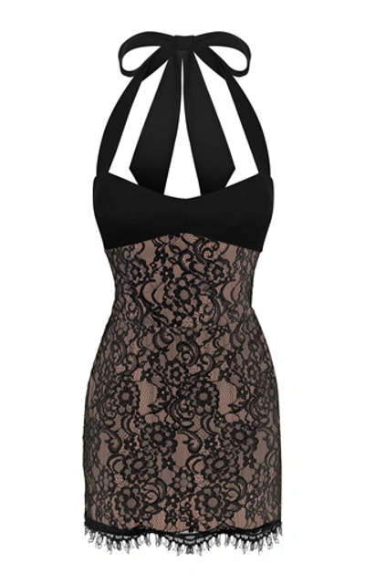 Shop Rasario Stretch-crepe And Lace Halterneck Mini Dress In Black
