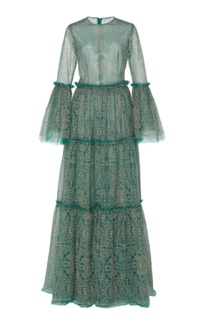 Shop Costarellos Ruffle-trimmed Tulle Maxi Dress In Green
