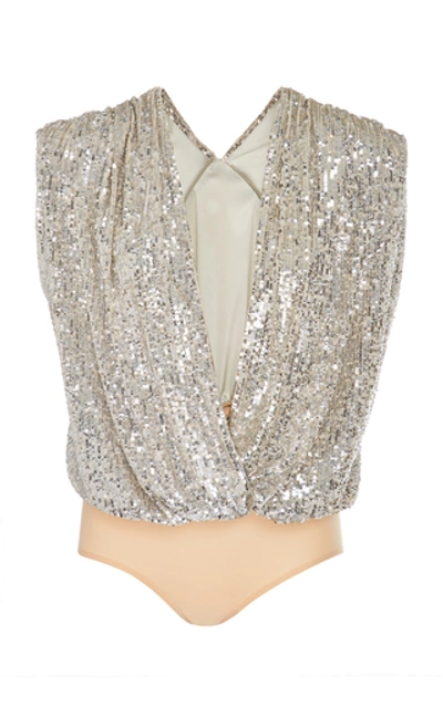 Shop Monique Lhuillier Draped Sequin-charmeuse Bodysuit In Silver