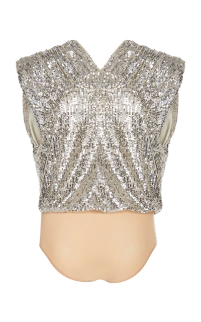 Shop Monique Lhuillier Draped Sequin-charmeuse Bodysuit In Silver