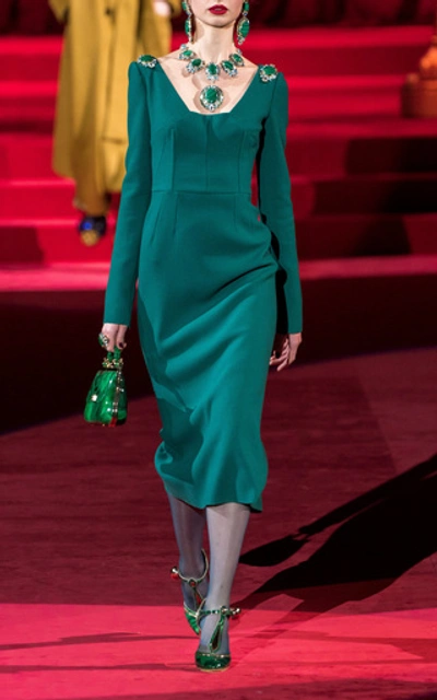 Shop Dolce & Gabbana Embellished Crepe Midi Dress In Green
