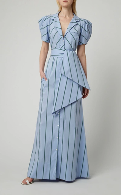 Shop Rosie Assoulin Puff-sleeve Striped Cotton-blend Maxi Dress