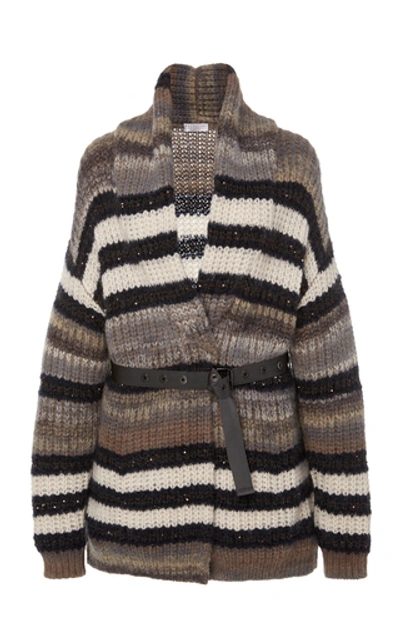 Shop Brunello Cucinelli Belted Striped Cashmere Cardigan In Multi