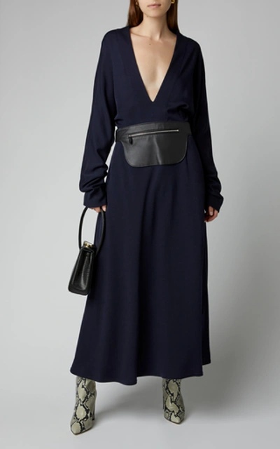 Shop Lanvin Belt Bag-detailed Wool-jersey Midi Dress In Navy