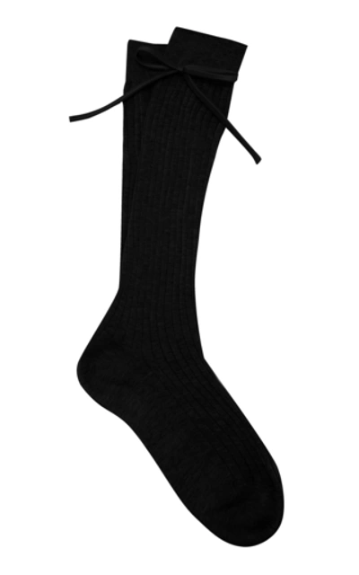 Shop Prada Bow-detailed Rib-knit Knee Socks In Black