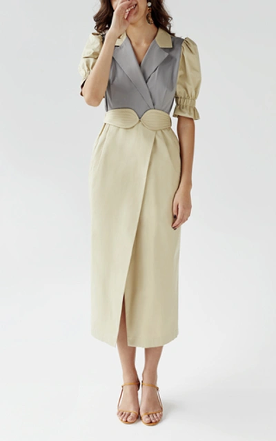 Shop Anna October Lady Colorblocked Wrap-effect Belted Blazer Dress In Neutral