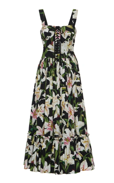 Shop Dolce & Gabbana Lace-up Floral-print Cotton-poplin Midi Dress 