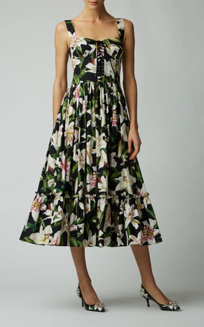 Shop Dolce & Gabbana Lace-up Floral-print Cotton-poplin Midi Dress 