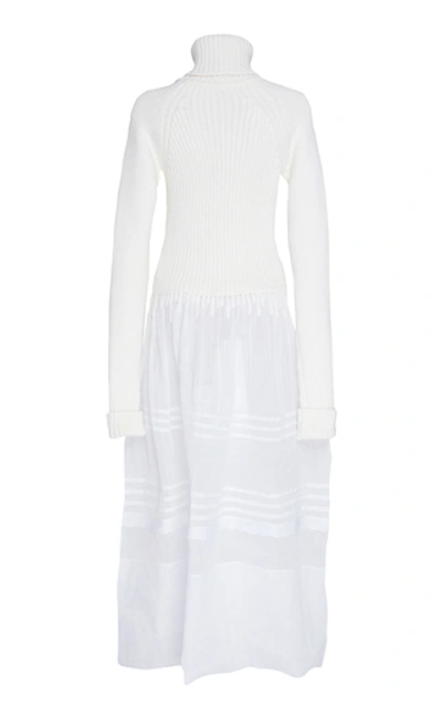 Shop Loewe Ribbed-knit Wool And Sheer Cotton Dress In White