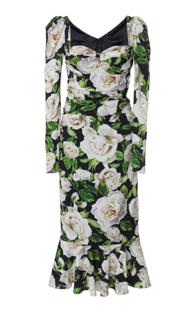 Shop Dolce & Gabbana Ruched Floral-print Stretch-crepe Midi Dress