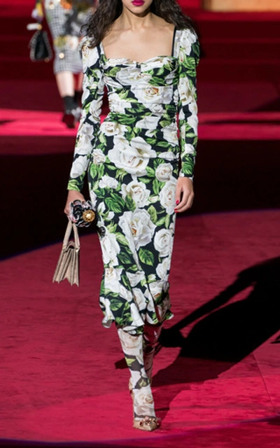 Shop Dolce & Gabbana Ruched Floral-print Stretch-crepe Midi Dress