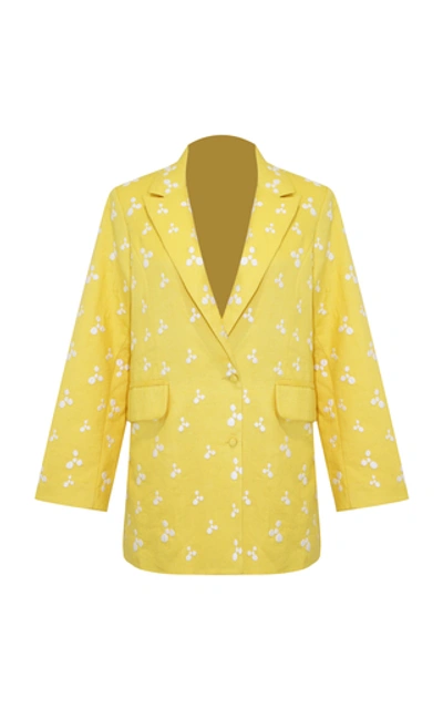 Shop All Things Mochi Iris Linen Embroidered Blazer In Yellow