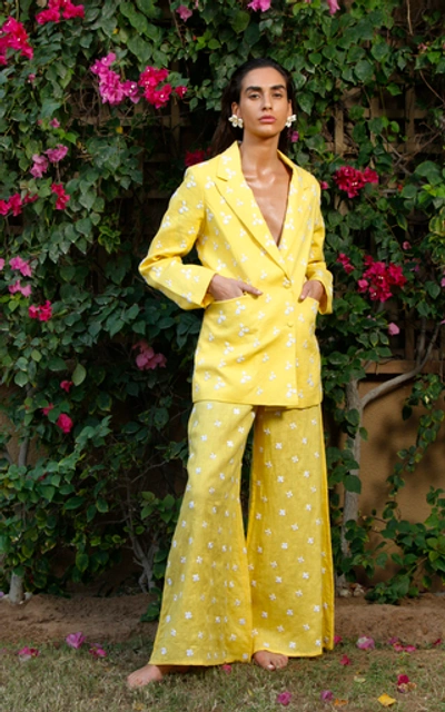 Shop All Things Mochi Iris Linen Embroidered Blazer In Yellow