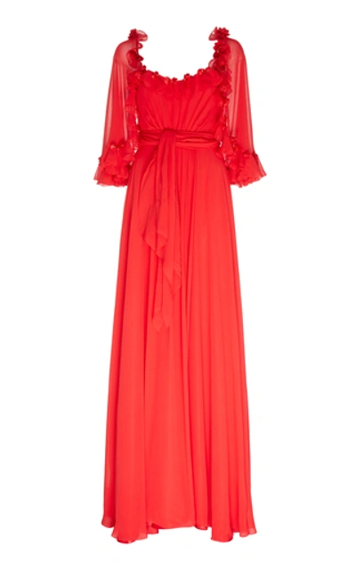 Shop Jenny Packham Adelina Ruffled Chiffon Gown In Red