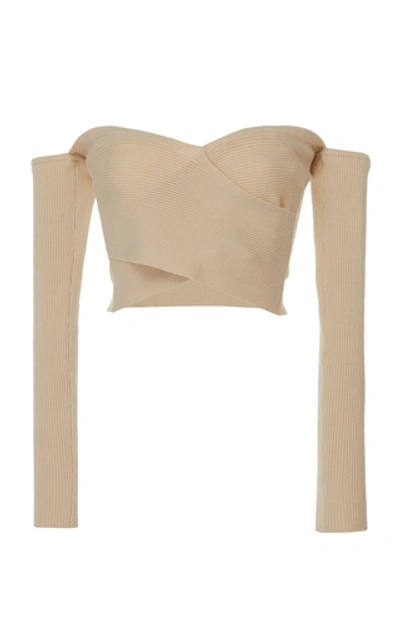 Shop Amur Otto Ribbed Off-the-shoulder Cropped Top In Neutral